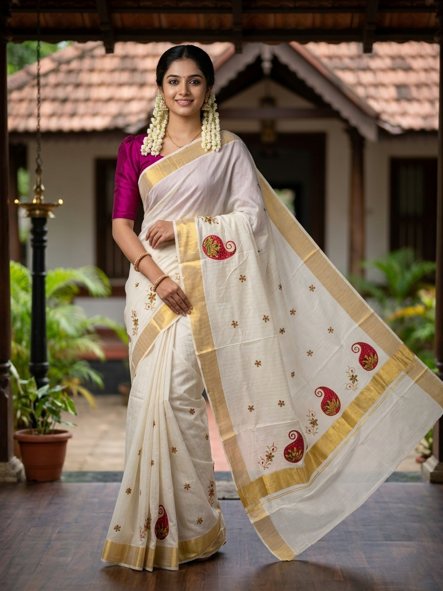 Southloom Kerala Cotton Kasavu Lines Saree with Paisley Embroidery Works on Body