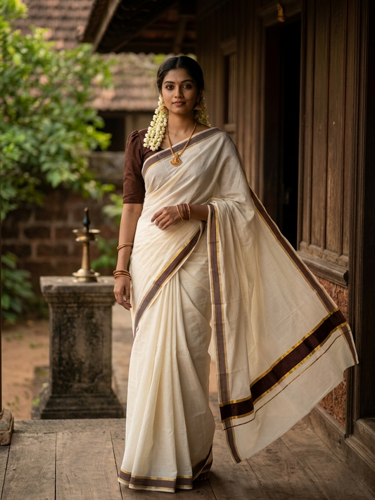 Pure Cotton Kerala Saree with Kasavu and Brown Border