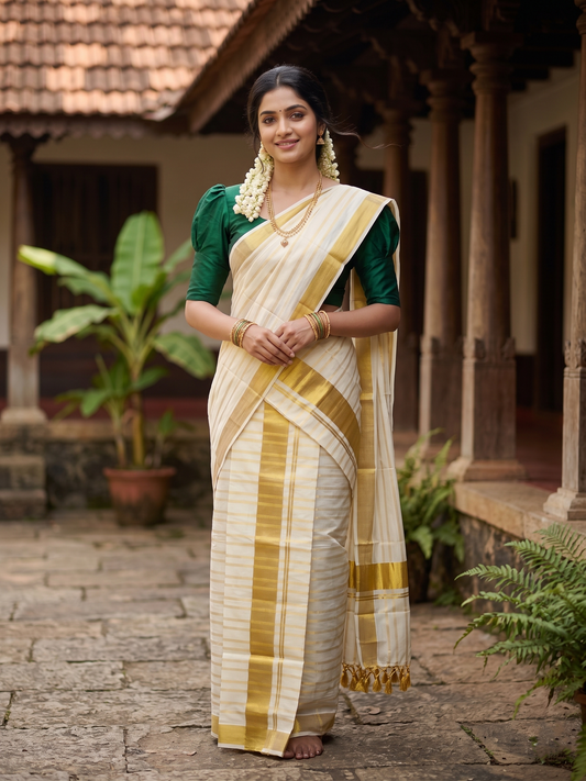 Southloom Cotton Kerala Kasavu Set Mundu (Mundum Neriyathum) with Golden Tassels 2.80 Mtrs