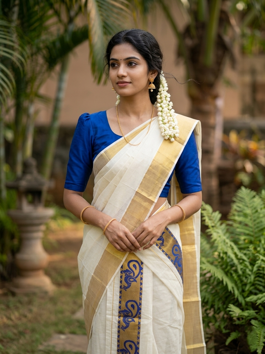 Kerala Pure Cotton Set Mundu (Mundum Neriyathum) with Blue Block Prints on Kasavu Border-2.80Mtrs