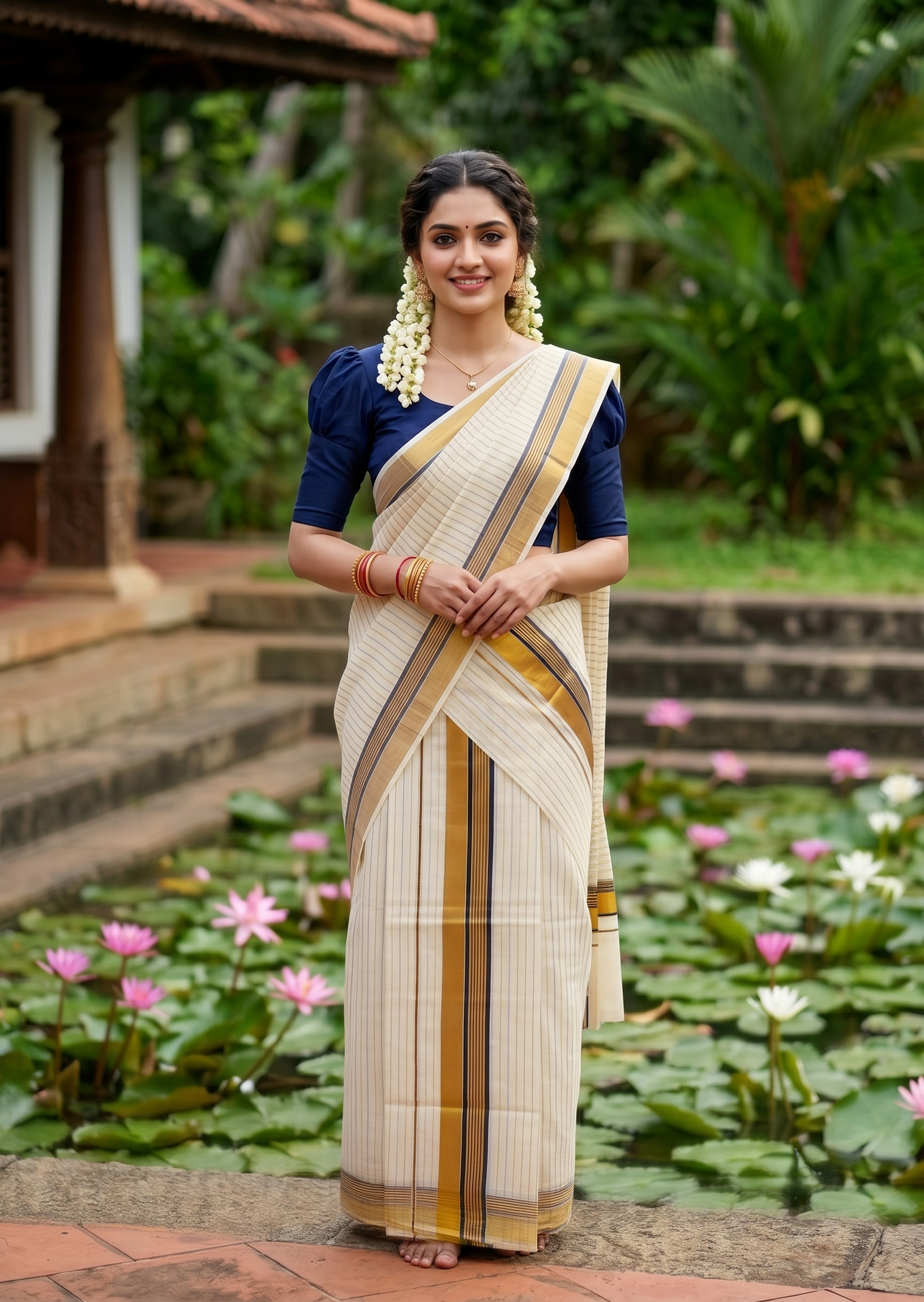 Southloom Pure Cotton Set Mundu with Stripes on Body with Gold Kasavu and Blue Border in 2.80 Mtrs