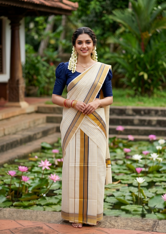 Southloom Pure Cotton Set Mundu with Stripes on Body with Gold Kasavu and Blue Border in 2.80 Mtrs