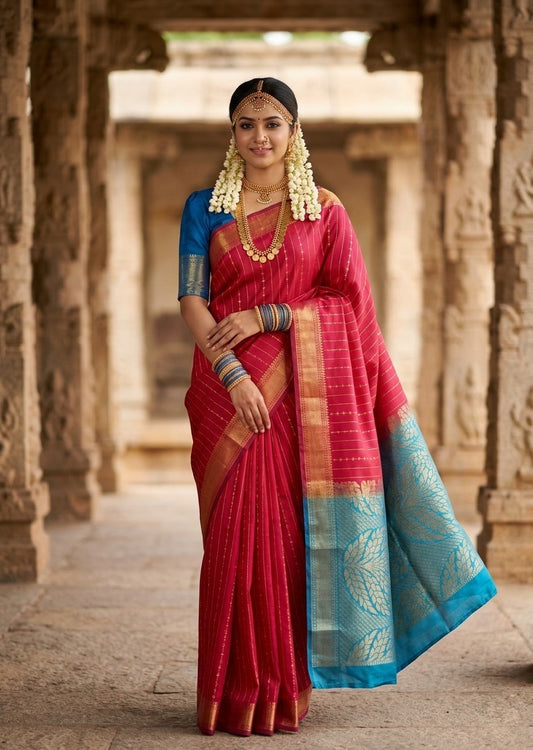 Southloom Premium Handloom Bridal Kanchipuram Silk Saree with Korvai Work (Magenta & Blue)
