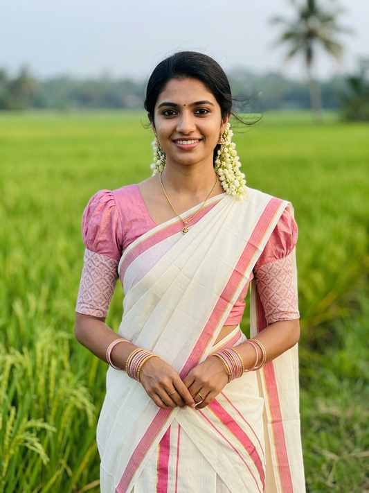 Pure Cotton Kerala Single Set Mundu (Mundum Neriyathum) with Pink Kasavu Border in 2.80 Mtrs