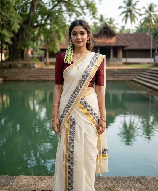 Southloom Pure Cotton Kerala Single Floral Print Set Mundu (Mundum Neriyathum) Maroon and Green Border in 2.80 mtrs