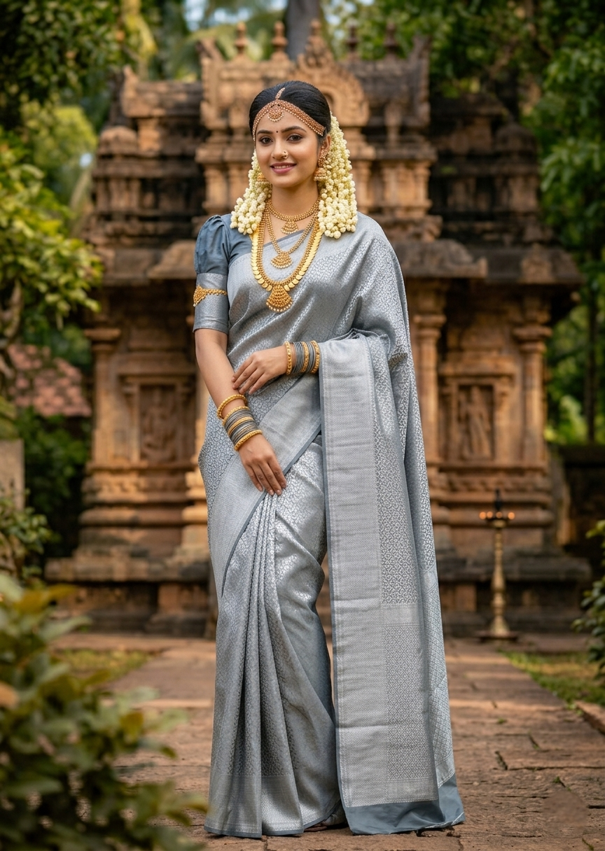 Southloom Premium Semi Silk Zari Work Bridal Brocade Saree in Pastel Grey with Matching Pallu