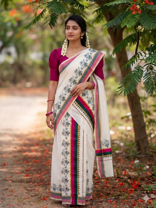 Southloom Pure Cotton Kerala Single Set Mundu (Mundum Neriyathum) with Floral and Temple Print with Green and Magentha Border