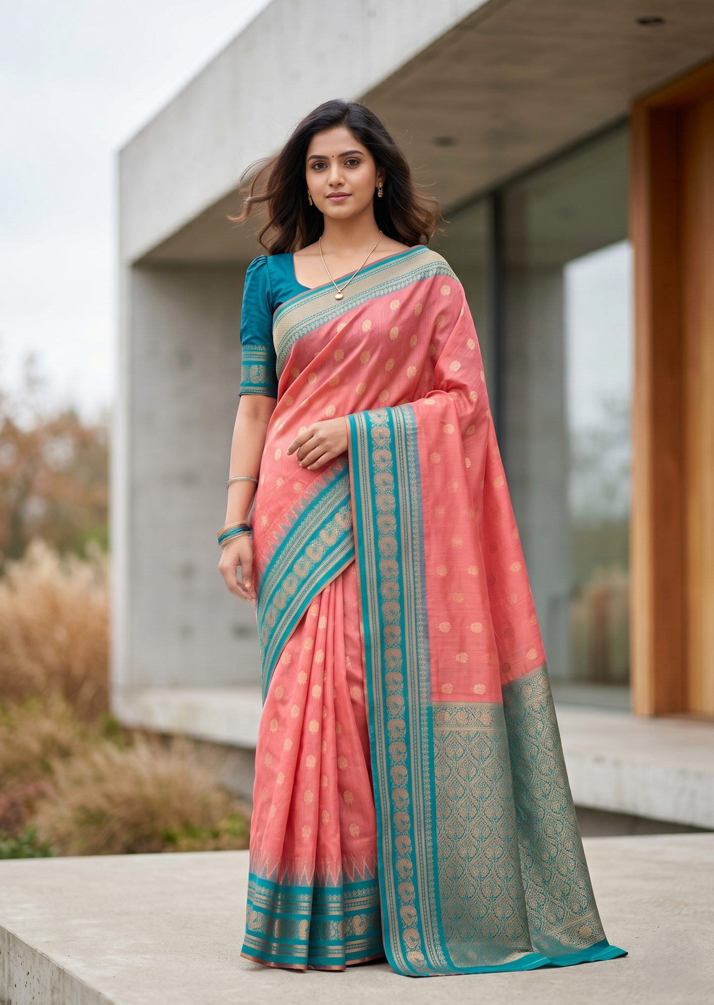 Southloom Kerala Cotton Silk With Woven Work On the Body With Pink And Turquoise Blue