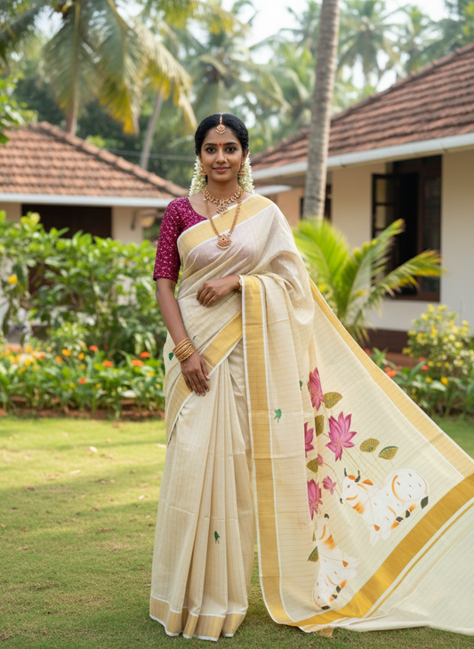 Southloom Tissue Kerala Kasavu Saree with Hand Painted Embroidery Nandi and Lotus Design