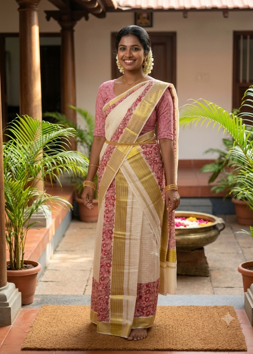 Southloom Kerala Check Pure Cotton Set Mundu with Gold Kasavu And Block Prints Across Body SL563