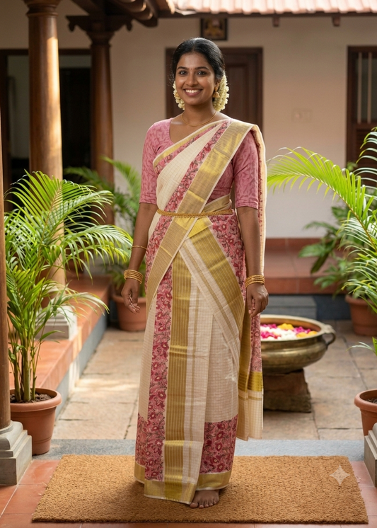 Southloom Kerala Check Pure Cotton Set Mundu with Gold Kasavu And Block Prints Across Body SL563