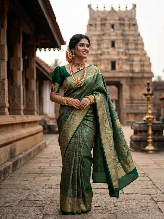 Southloom Pure Handloom Bridal Kanchipuram Silk Saree with Korvai Work (Green)
