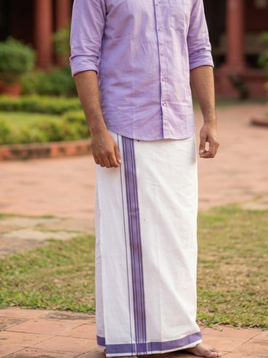 Southloom Pure White Cotton Single Mundu with Silver Line & Lavender Border (South Indian Kerala Dhoti)