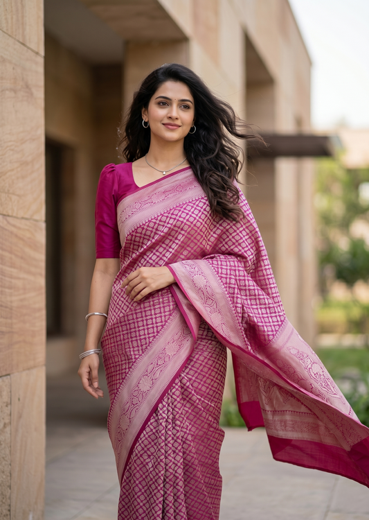 Southloom Pure Banarasi Silk Saree with Woven Work on Body and Borders (Magenta)