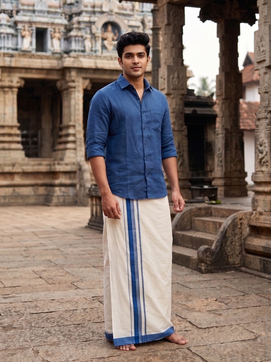 Southloom Pure Cotton Mundu with Silver Lines and Blue Border (South Indian Kerala Dhoti)