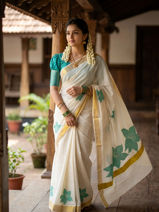 Southloom Exclusive Onam Kasavu Saree with Turquoise Floral Print Across Body in High Quality (Matching Printed Blouse Included)