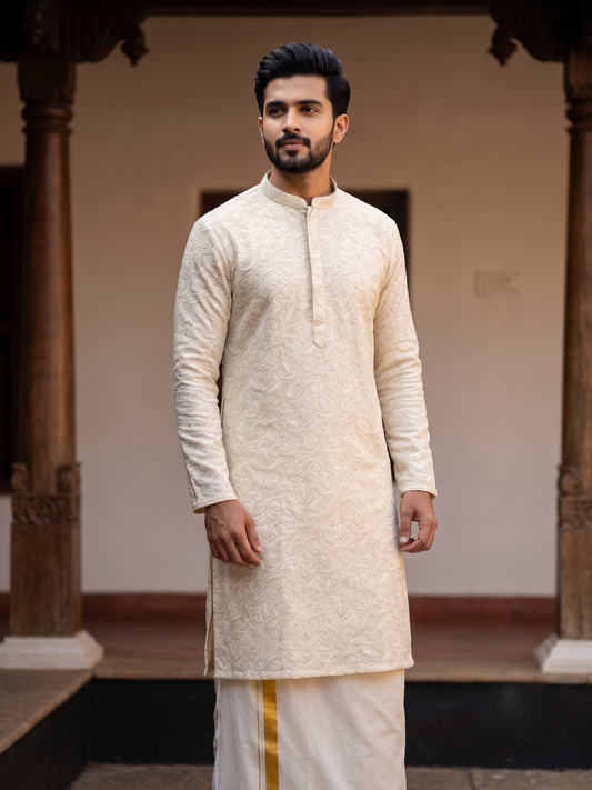 Southloom Of-White Woven Semi Silk Short Kurta for Men SL590
