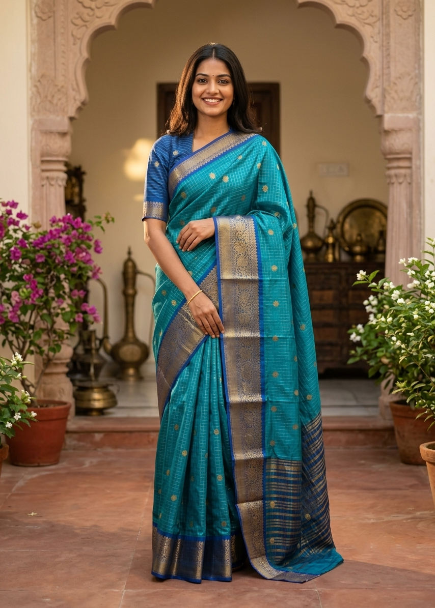 Peacock Blue and Royal Blue Semi Silk Saree With Check Design On Body SL634