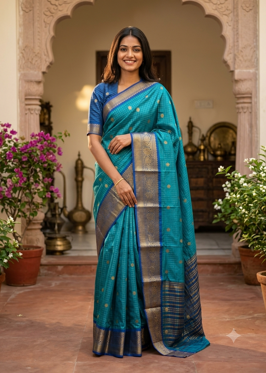 Peacock Blue and Royal Blue Semi Silk Saree With Check Design On Body SL634