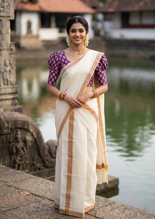 Southloom Pure Cotton Kerala Single Mulloth Set Mundu (Mundum Neriyathum) Mustard Yellow And Purple Border in 2.80 mtrs SL243