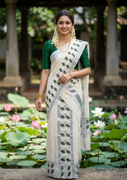 Southloom Pure Cotton Kerala Single Set Mundu (Mundum Neriyathum) with Green Printed And Silver Border 2.80 Mtrs