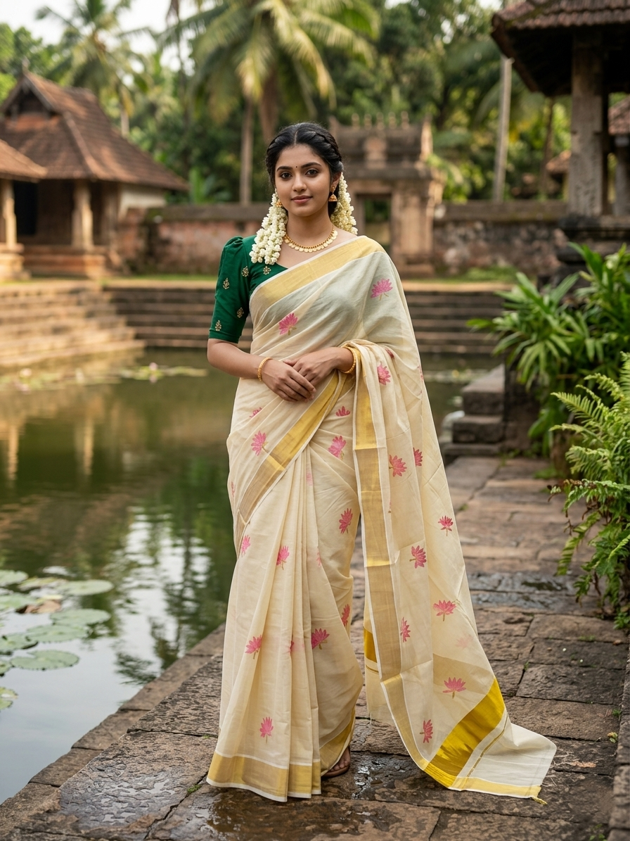 Southloom Tissue Kerala Saree With Lotus Pink and Gold Embroidery SL289