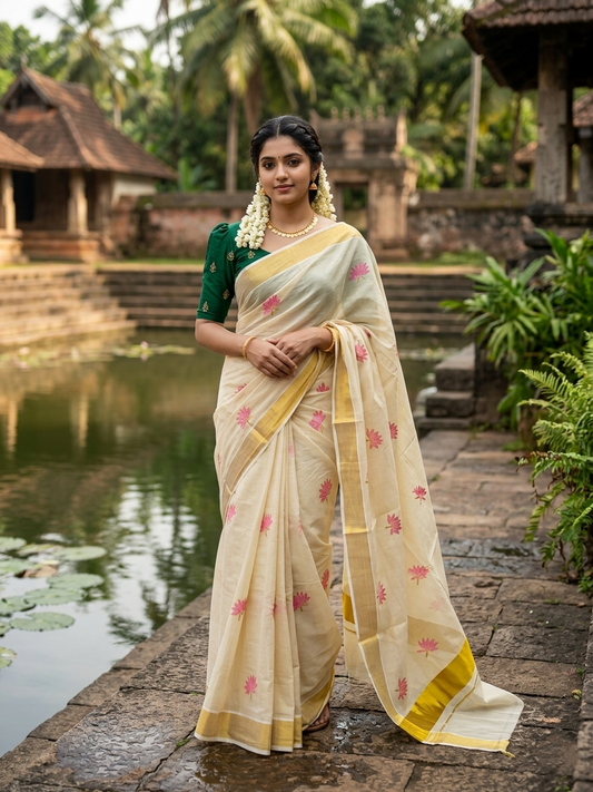 Southloom Tissue Kerala Saree With Lotus Pink and Gold Embroidery SL289
