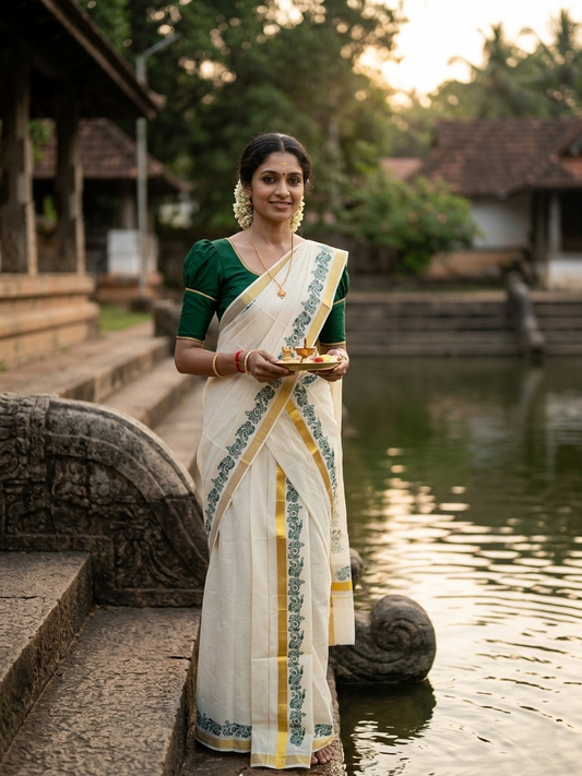 Southloom Pure Cotton Kerala Single Floral Print Set Mundu (Mundum Neriyathum) Green Border in 2.80 mtrs SL245