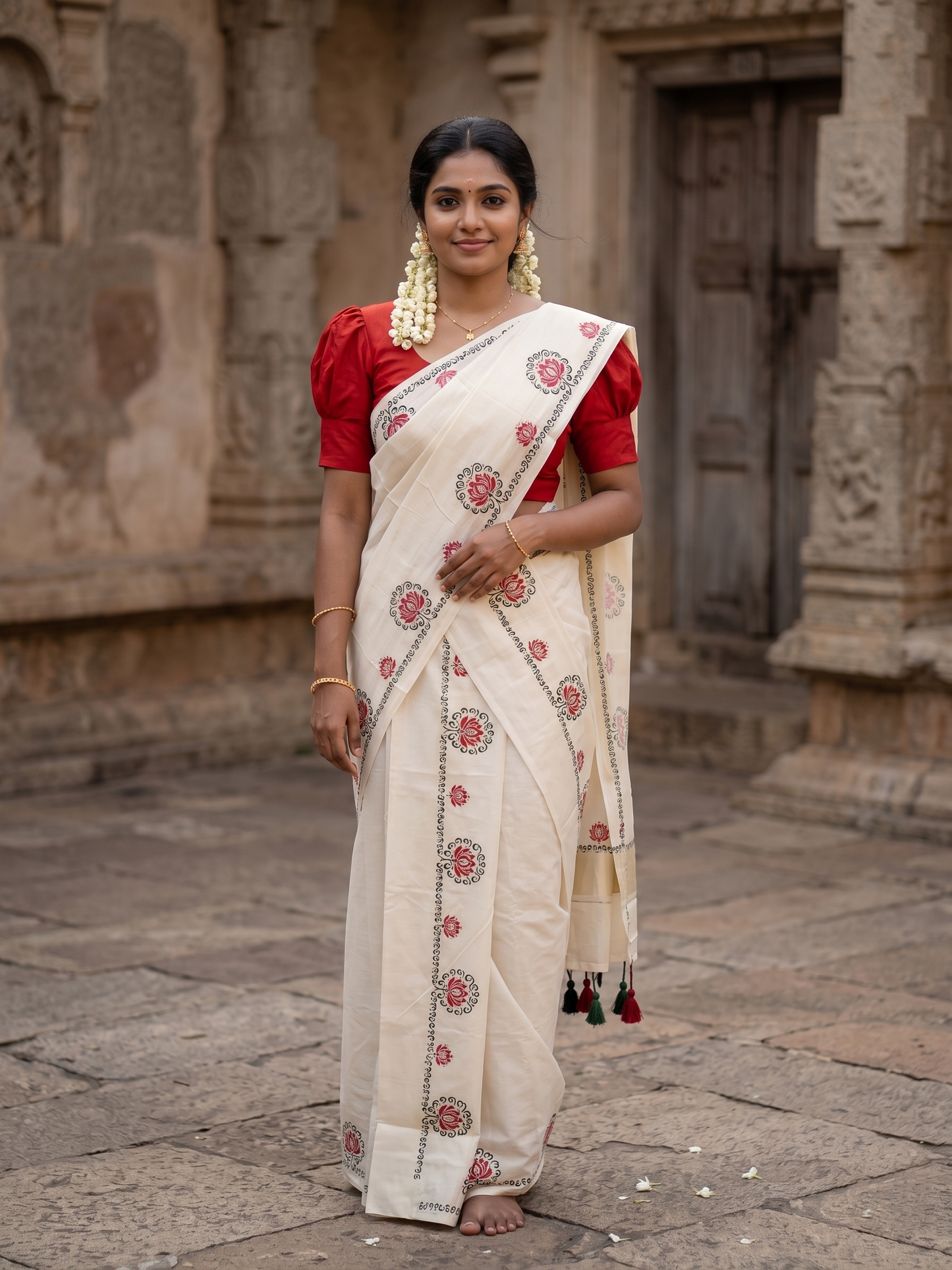 Southloom Kerala Cotton Single Set Mundu (Mundum Neriyathum) with Green &Red Lotus Block Printed Design