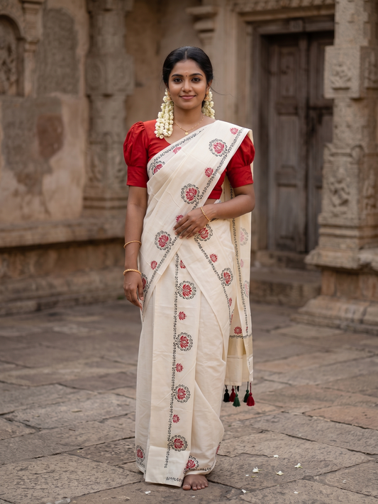 Southloom Kerala Cotton Single Set Mundu (Mundum Neriyathum) with Green &Red Lotus Block Printed Design