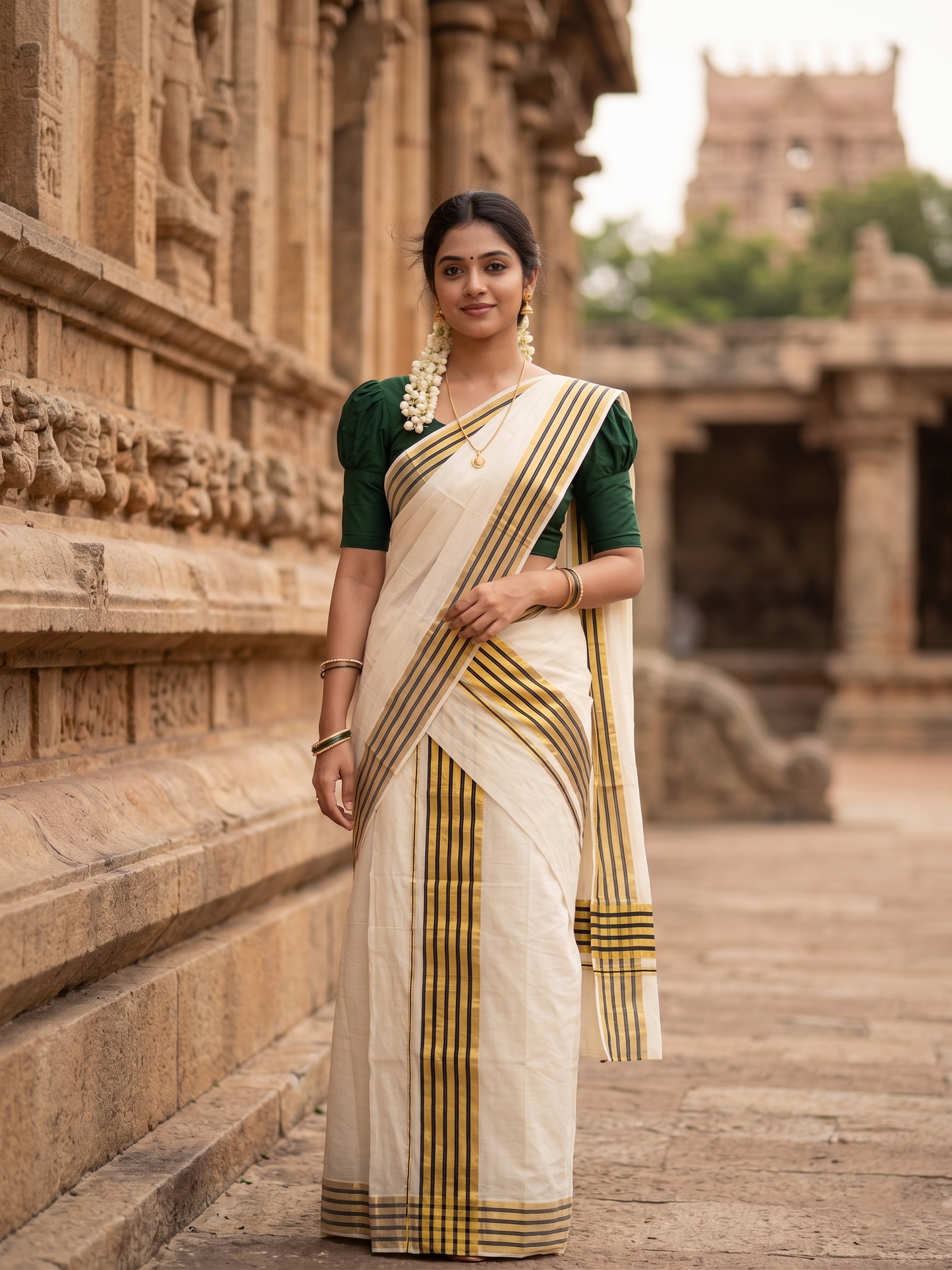 Southloom Premium Handloom Cotton Set Mundu (Mundum Neriyathum) with Kasavu and Green Lines Border in 2.80 Mtrs