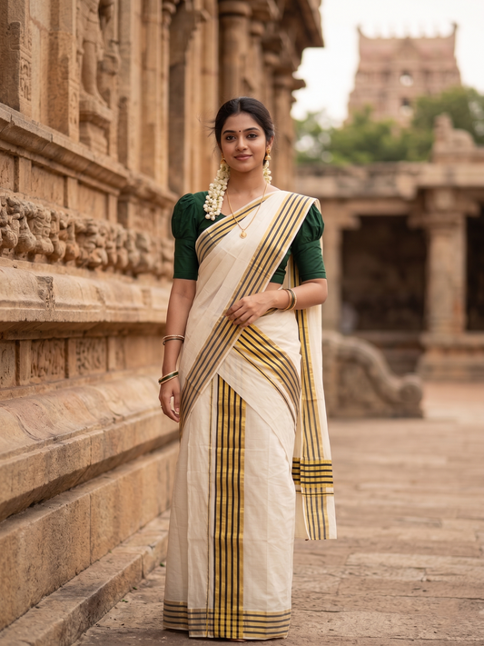 Southloom Premium Handloom Cotton Set Mundu (Mundum Neriyathum) with Kasavu and Green Lines Border in 2.80 Mtrs