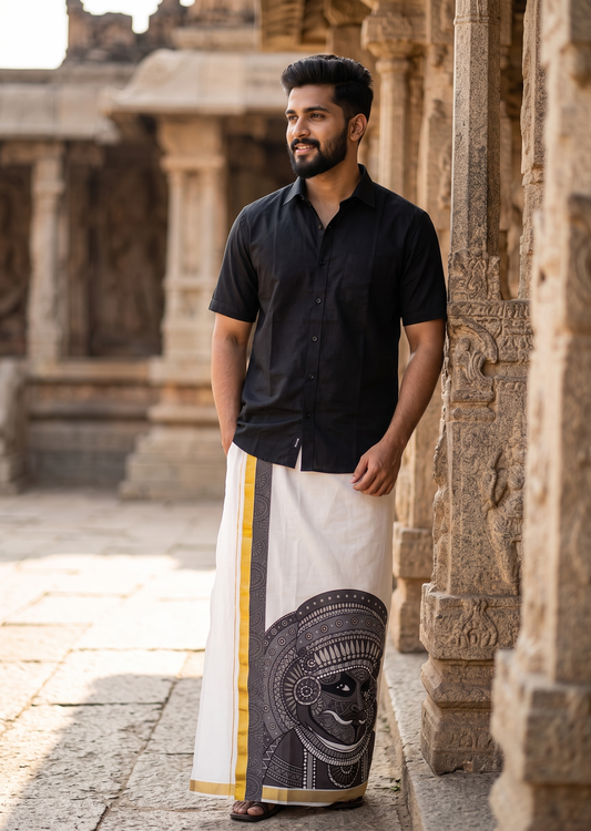 Southloom Pure Cotton Theyyam Digital Printed Double Mundu (South Indian Kerala Dhoti)