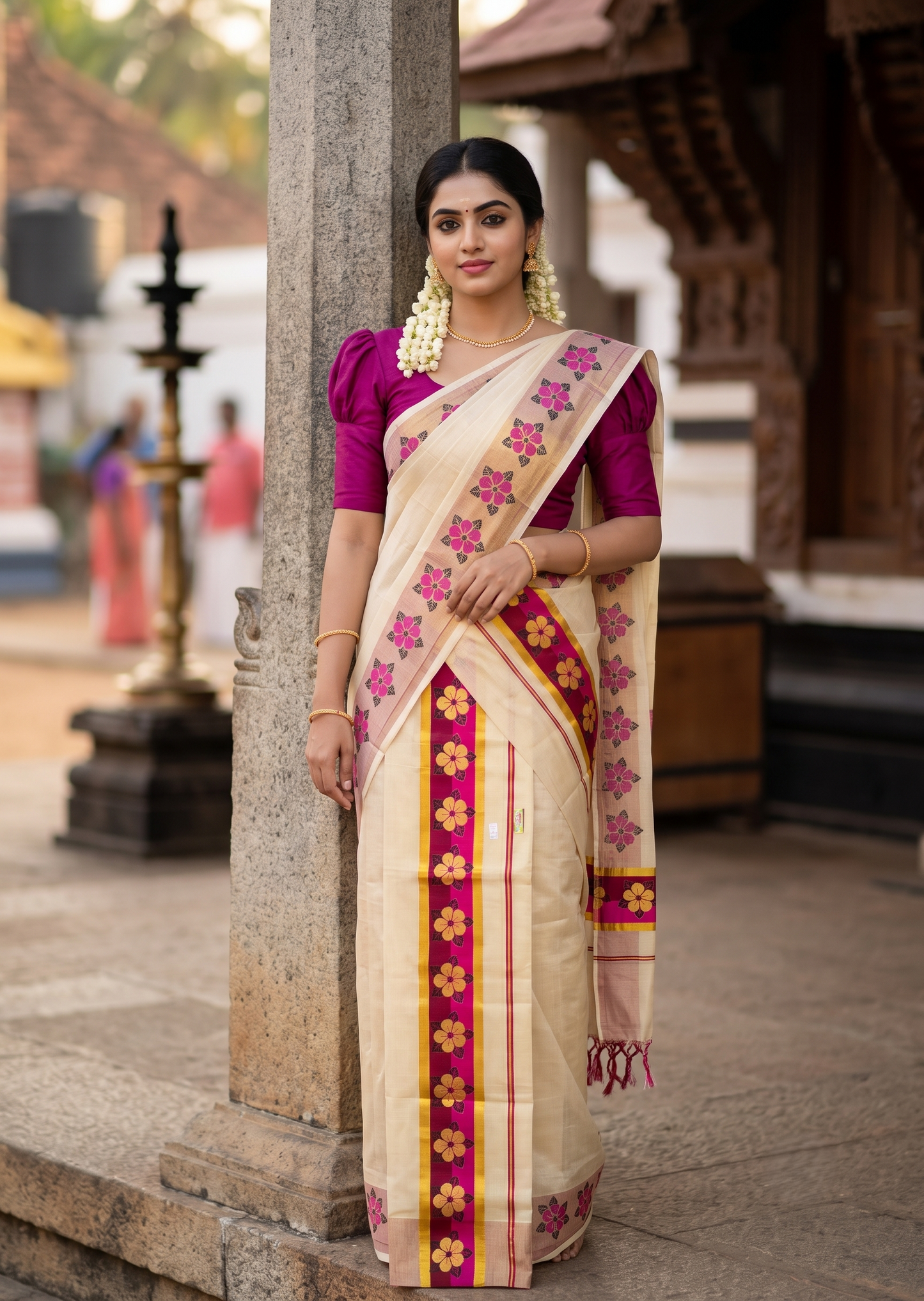 Kerala Pure Tissue Set Mundu Single (Mundum Neriyathum) with Floral Prints on Gold Kasavu Border in 2.80 Mtrs SL569