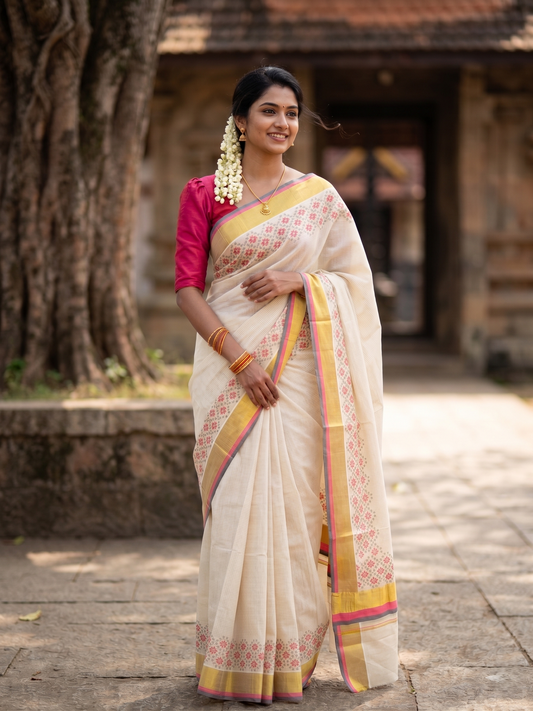 Southloom Kerala Cotton Kasavu Saree with Micro Check And Floral Design on Body In Pink And Grey Border SL357