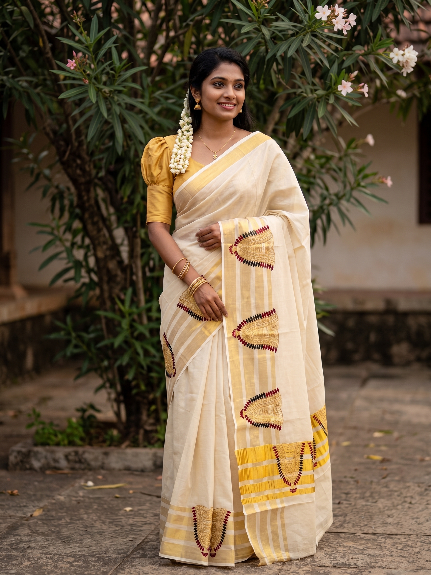 Southloom Tissue Kerala Kasavu Saree with Nettipattam Embroidery Designs on Body SL539
