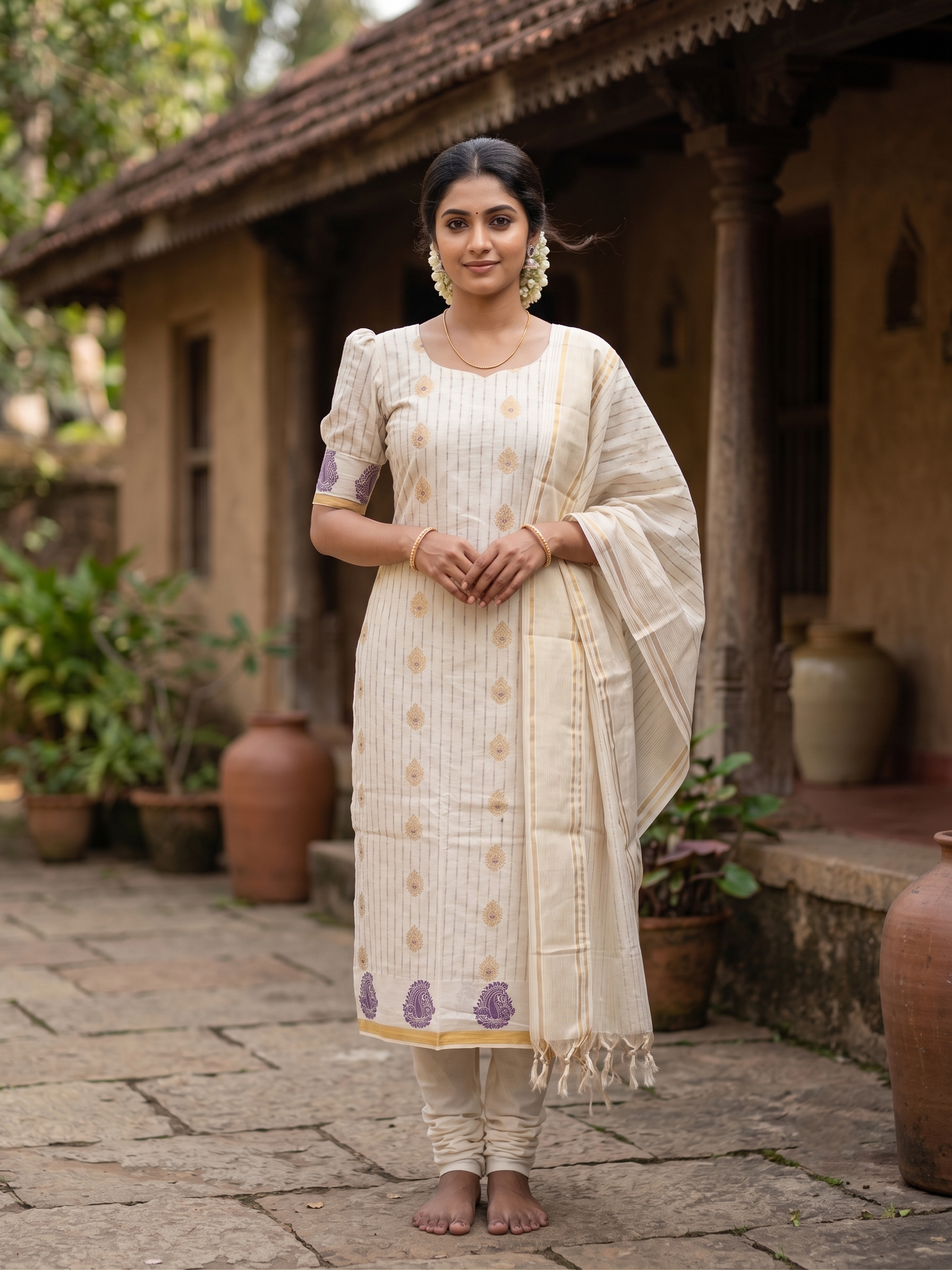 Southloom™ Cotton Churidar Salwar Suit Material with Woven Stripes Design in Purple (include Lines Shawl / Dupatta)