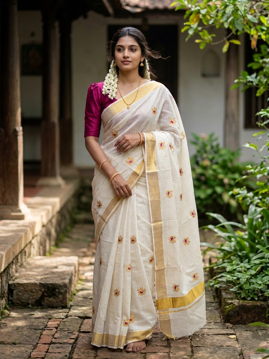 Southloom Cotton Kerala Kasavu Lines Saree with Peacock Embroidery Work on Body in Magenta