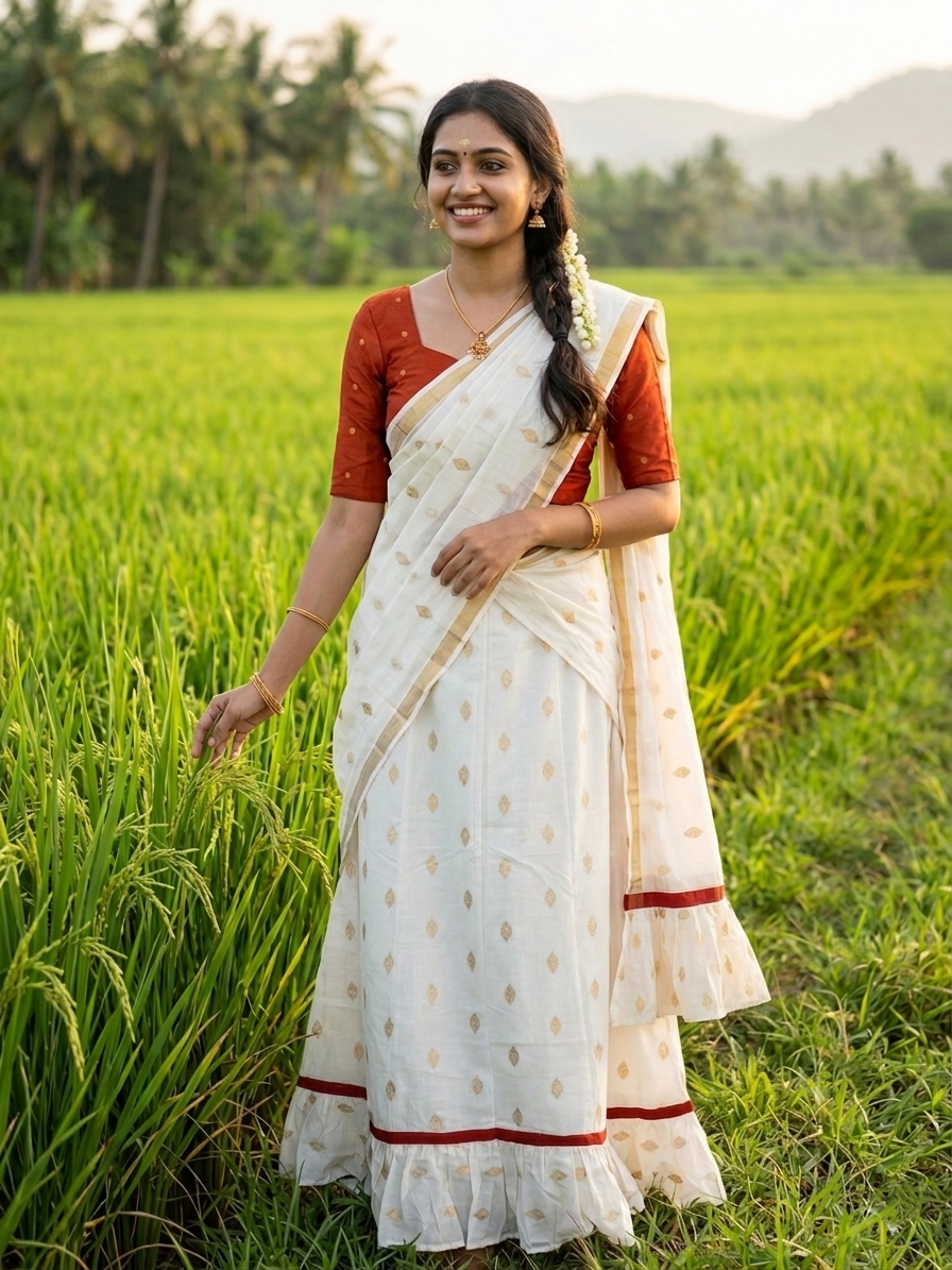 Southloom Stitched Cotton Dhavani Set with Pavada and Orange Blouse Piece