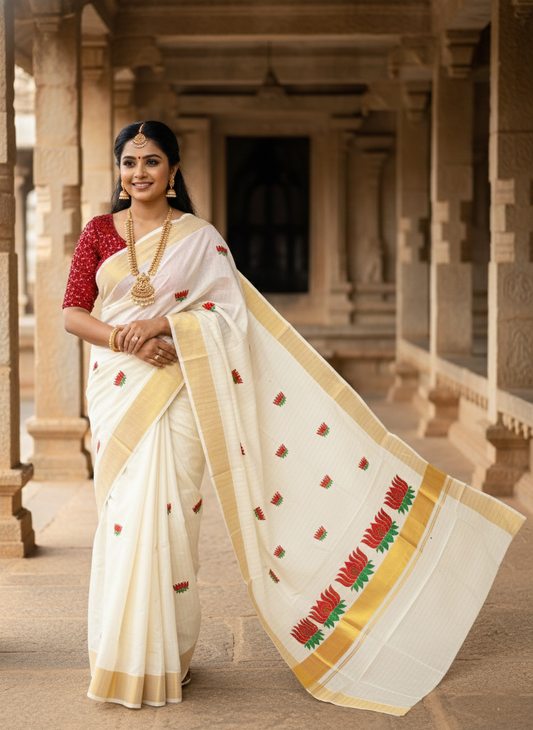 Southloom Kerala Cotton Kasavu Line Saree with Red Lotus Embroidery Works