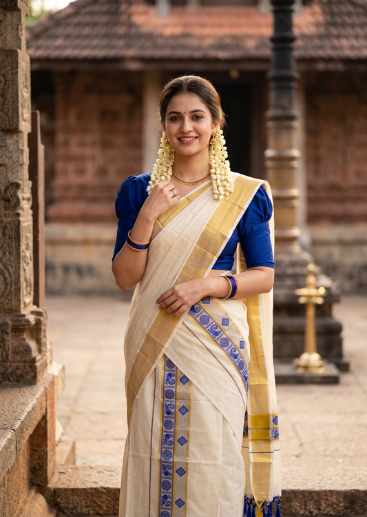 Southloom Kerala Cotton Kasavu Single Set Mundu (Mundum Neriyathum) with Peacock Design in Blue SL527