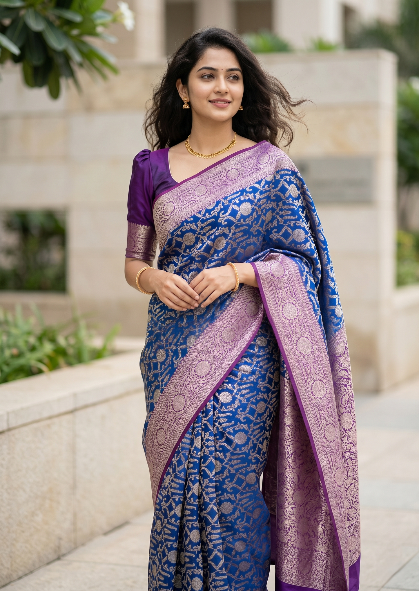 Southloom Pure Banarasi Silk Saree with Woven Work on Body and Borders (Blue)