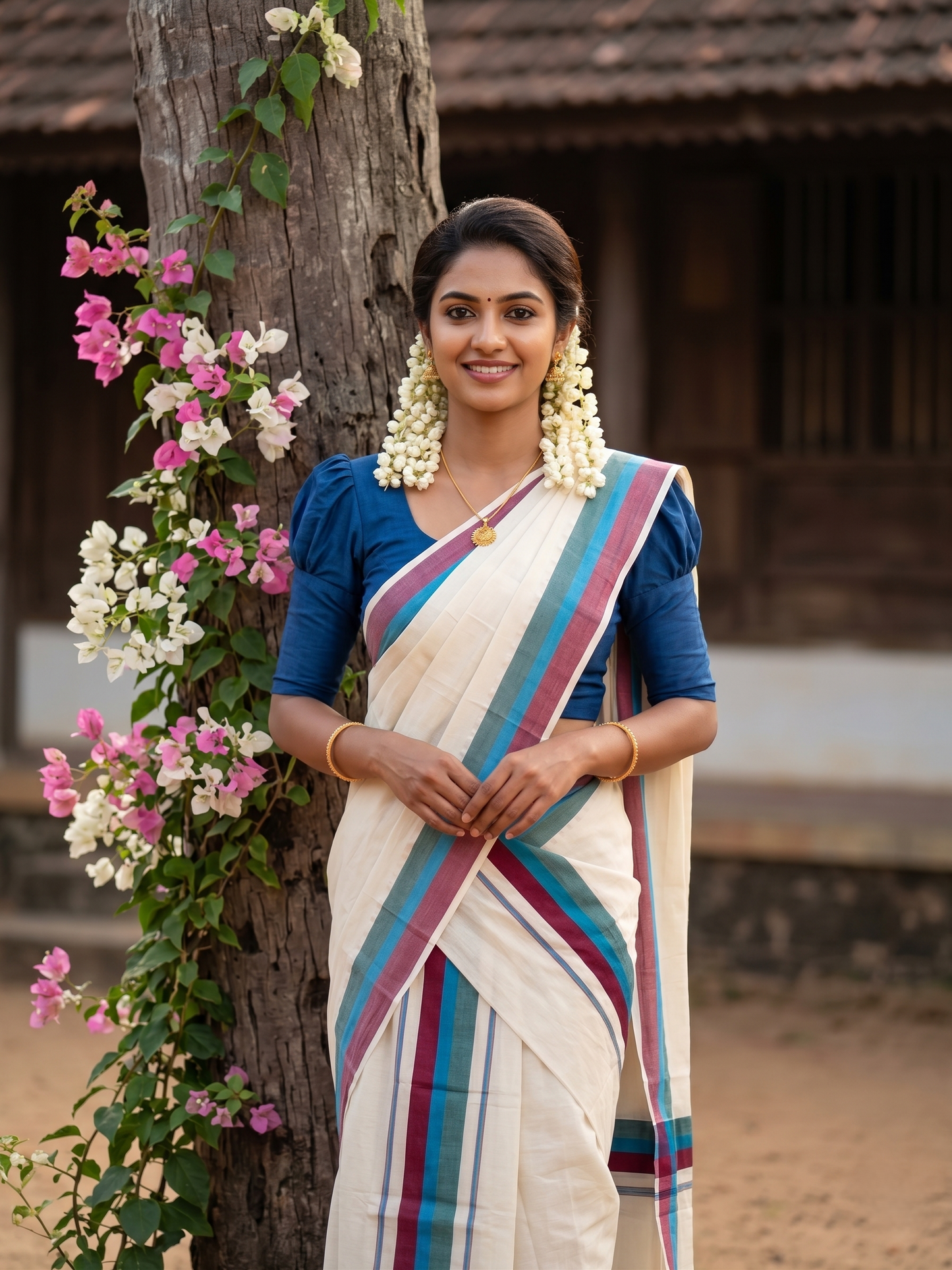 Southloom Kerala Mulloth Cotton Single Mundum Neriyathum with Multicolor Border In 2.80 Mtrs SL243