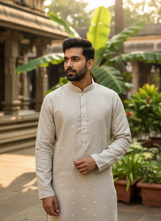 Southloom Semi Silk Short Kurta for Men in Off White Colour