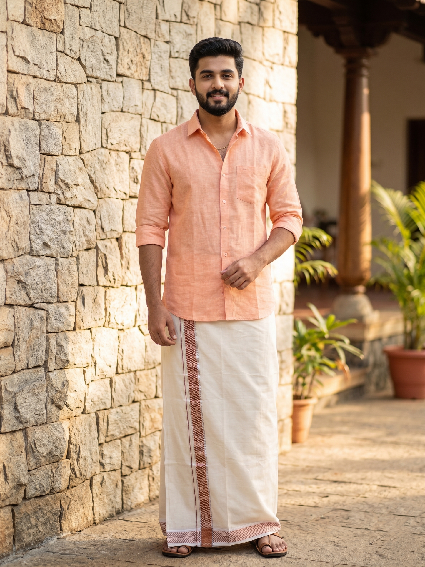 Southloom Kerala Pure Cotton Double Mundu with Silver Lines & Orange Border (South Indian Dhoti)