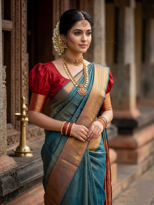 Southloom Premium Semi Silk Zari Work Brocade Saree in Bridal Blue with Matching Pallu