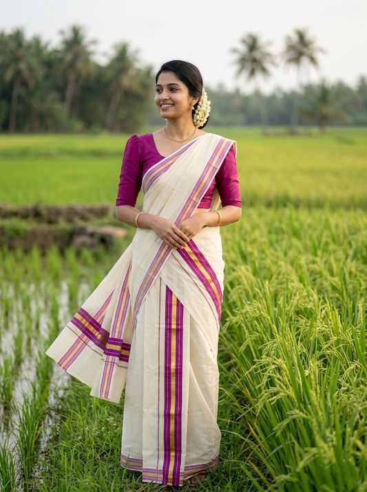 Kerala Cotton Set Mundu (Mundum Neriyathum) with Magenta and Kasavu Border 2.80 Mtrs