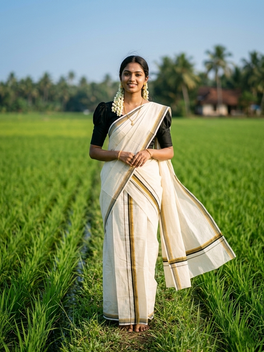 Pure Cotton Kerala Single Set Mundu (Mundum Neriyathum) with Black Kasavu Border in 2.80 Mtrs