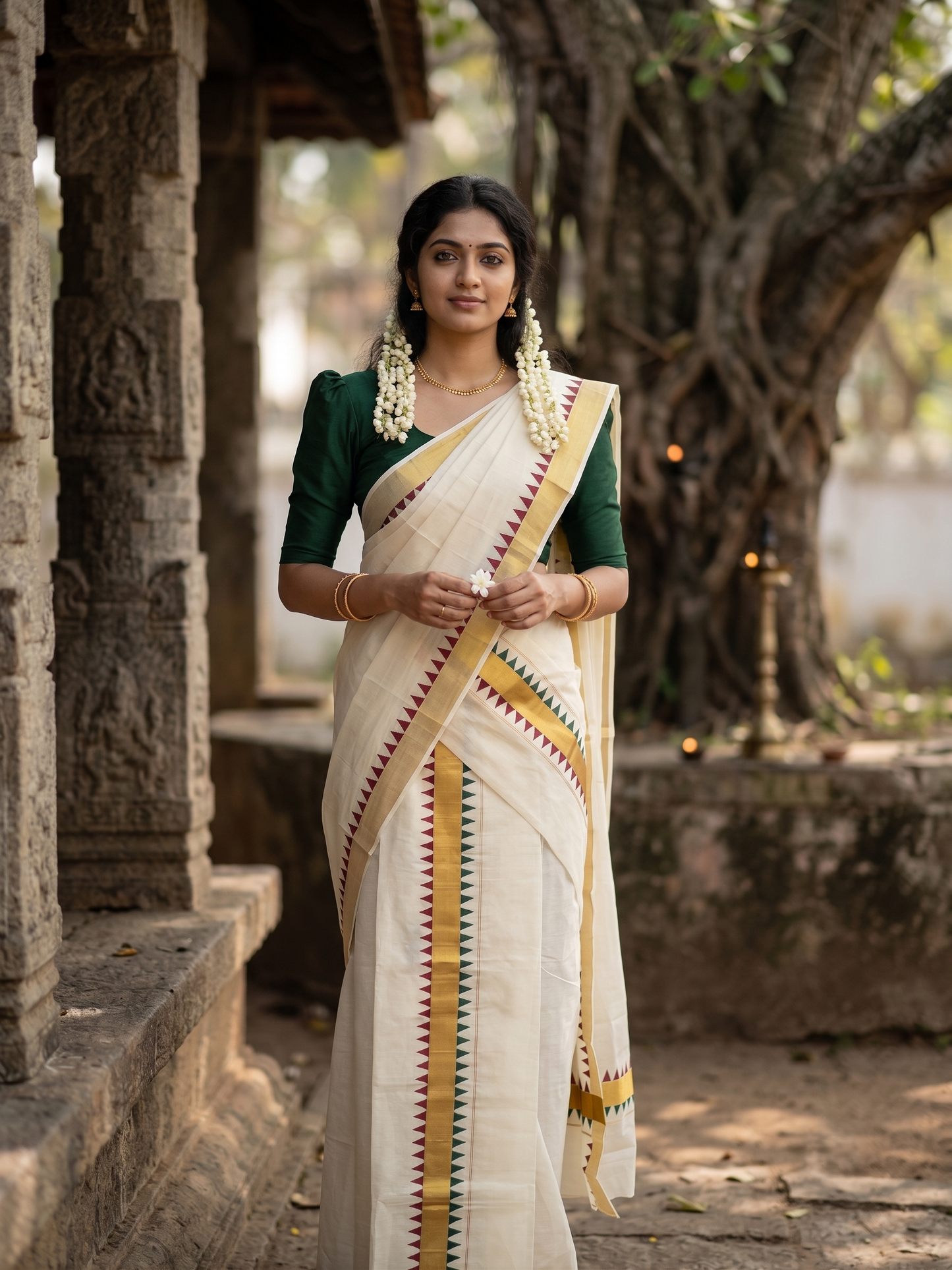 Southloom Kerala Cotton Kasavu Single Set Mundu (Mundum Neriyathum) with Green  And Maroon Temple Design Border SLKK