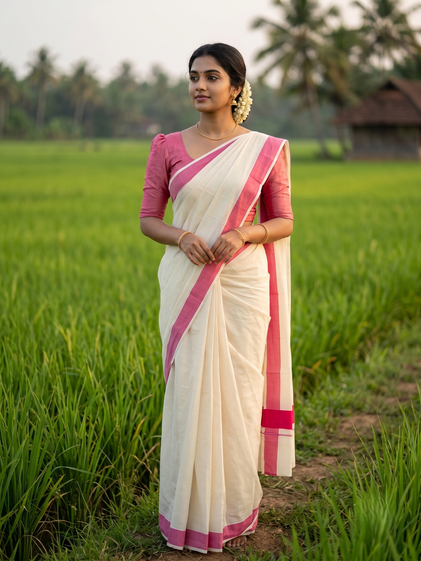 Southloom Kerala Pure Cotton Plain Kasavu Saree with Pink Border 3 inch